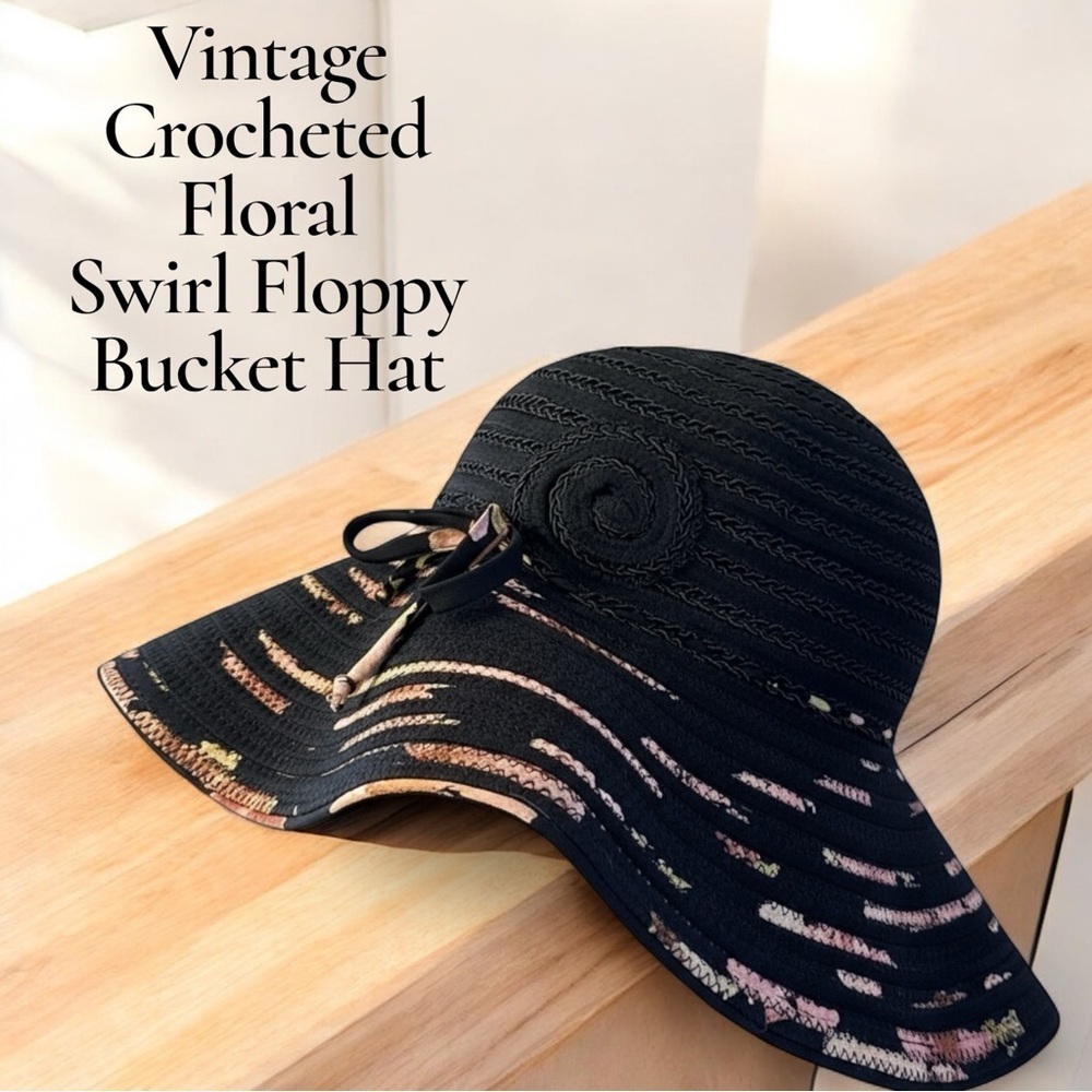 Vintage Crocheted Floral Swirl Floppy Bucket Hat Black Pink Yellow Fabric Accent